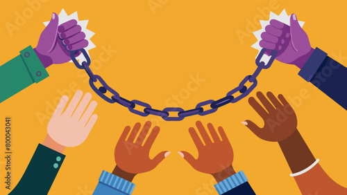 Hands releasing chains and shackles representing the freeing of individuals and the unification of the community on Juneteenth.. Vector illustration