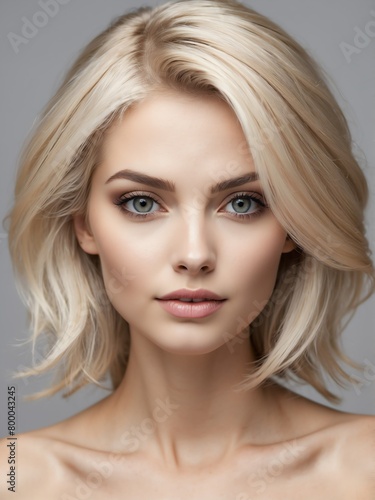 plain gray background close-up portrait portrait of blonde beautiful woman from Generative AI
