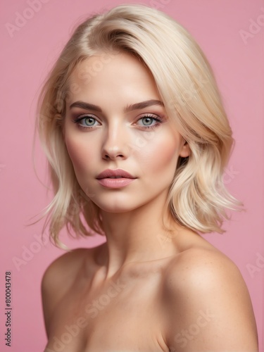 plain pink background close-up portrait portrait of blonde beautiful woman from Generative AI