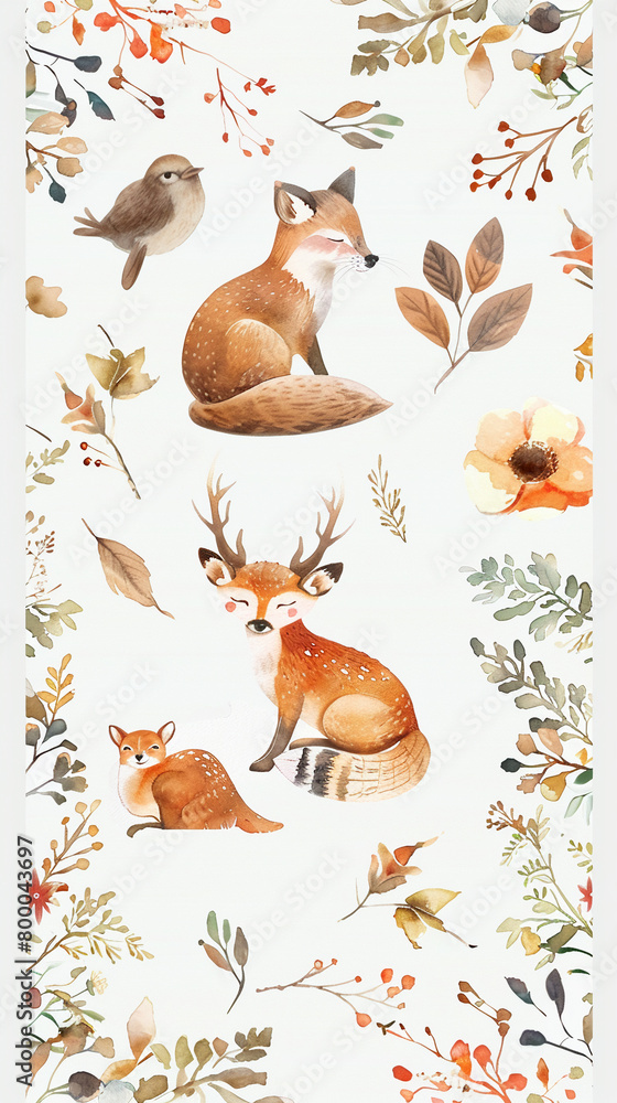 A collection of watercolor animals at rest in nature, framed beautifully by floral and natural elements for a relaxing vibe A collection of watercolor animals at rest in nature, framed beautifully by floral and natural elements for a relaxing vibe