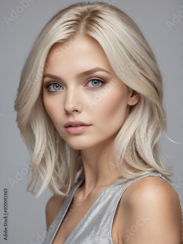 plain silver background close-up portrait portrait of blonde beautiful woman from Generative AI