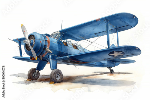 Retro blue airplane on white background. Watercolour illustration. Selective focus. Copy space. Travel concept 