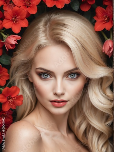 red flowers background close-up portrait portrait of blonde beautiful woman from Generative AI