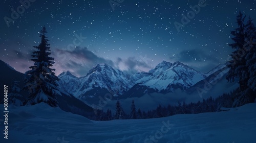 Snowy mountain range at night with trees in foreground, starry sky in background