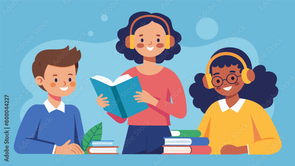 A teacher providing students with access to audiobooks to accommodate students with reading disabilities or limited access to physical books.. Vector illustration A teacher providing students with access to audiobooks to accommodate students with reading disabilities or limited access to physical books.. Vector illustration