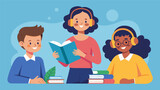 A teacher providing students with access to audiobooks to accommodate students with reading disabilities or limited access to physical books.. Vector illustration