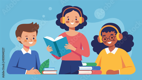 A teacher providing students with access to audiobooks to accommodate students with reading disabilities or limited access to physical books.. Vector illustration