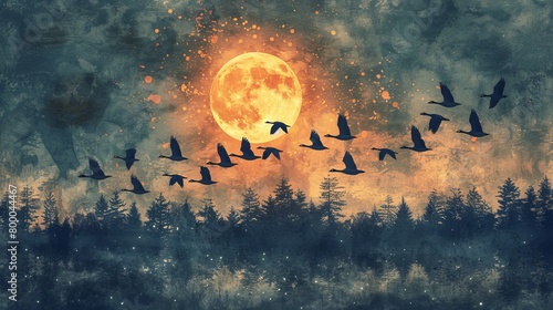 Moonlit migration over serene lake with flock of geese silhouetted against full moon and textured sky photo