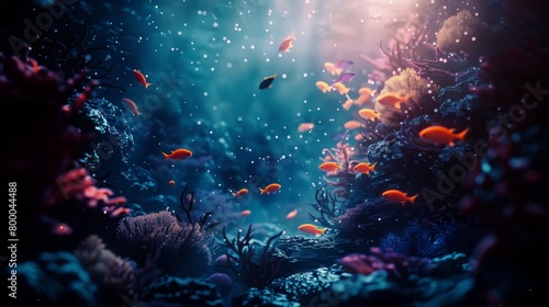Electric blue fish swim near a coral reef in the dark ocean landscape