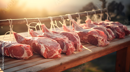 fresh beef meat manufacturing rows of hanging cuts and they are many n lines and they are on the wooden table with sunlight background
