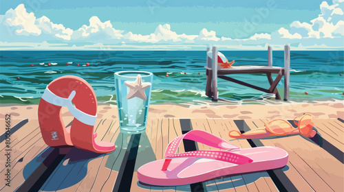Stylish flipflops and beach accessories on wooden pi
