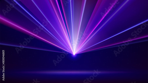 Laser light show. Bright led laser beams, dj light party. Illuminated blue pink stage, led strobe lights. Background, backdrop for displaying products. Vector illustration