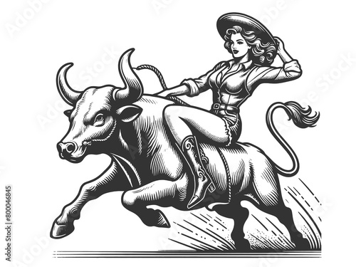Pin-up woman bull cowgirl in full rodeo action, riding bull with a lasso sketch engraving generative ai fictional character raster illustration. Scratch board imitation. Black and white image.