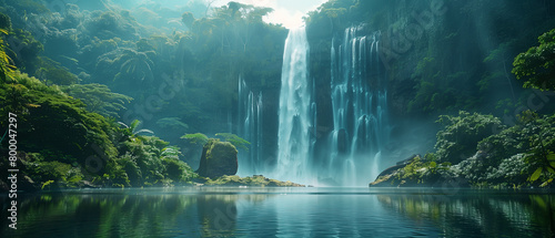 A majestic waterfall cascading into a pool surrounded by rainforest