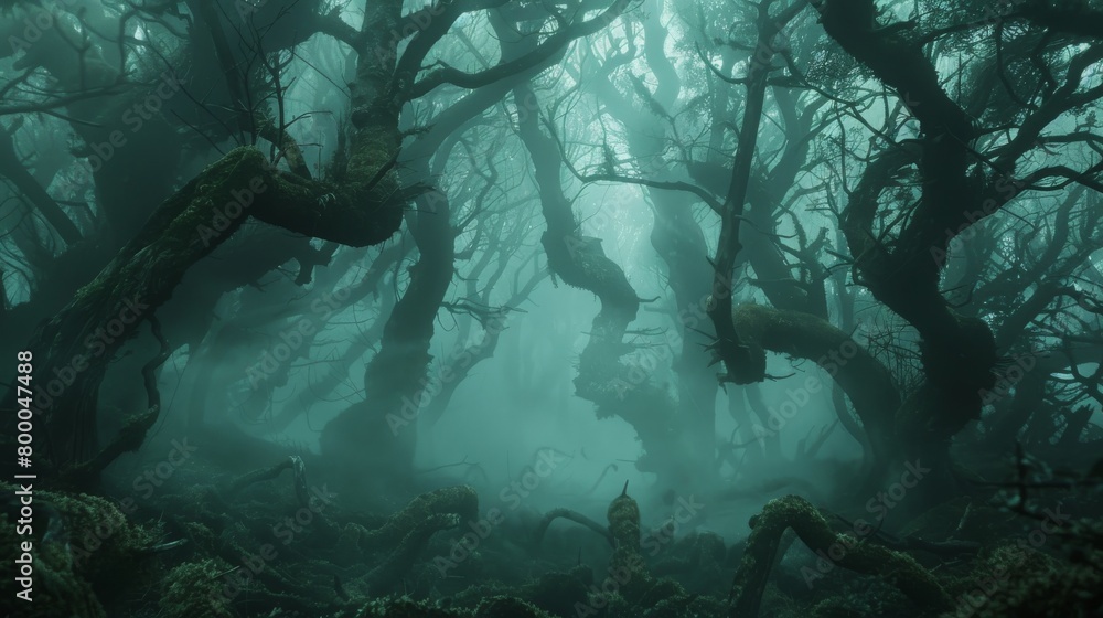 Fototapeta premium A mysterious forest with fogcovered trees and branches in darkness