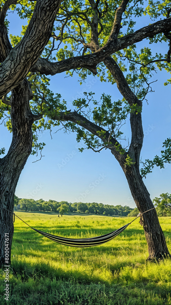Obraz premium Cozy Hammock Tied to Oaks in Green Field