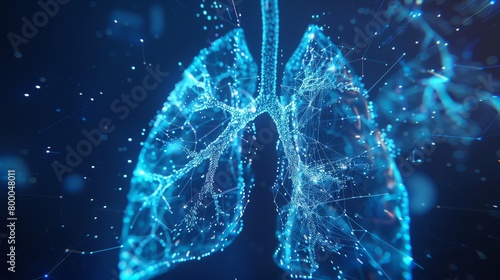 The structure of the lungs is formed by a framework of light connections (lines and dots), which impressively emphasizes the complex network of veins and arteries.Modern technologies and medicine.