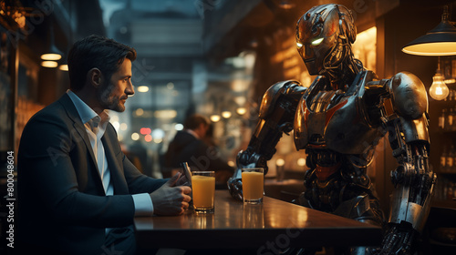 A man converses with a robot companion at a bar. photo