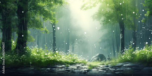 the rain become in the forest and this time spend freely and they rain drops change them in to natural drops and looking so freely with sunlight and rainy background photo