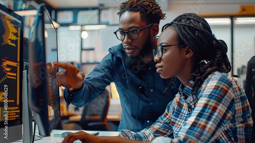 Closeup portrait of two black people man and woman computer programmers working together in office with software development at desk pointing at monitor