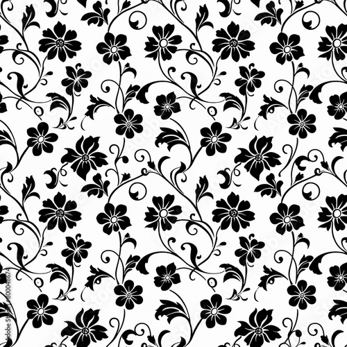 ornament silhouettes of plants and flowers, black and white illustration, pattern, seamless background