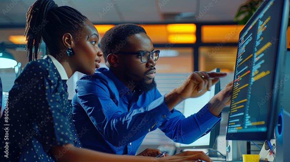 Businesswoman and man african american it engineers collaborating together indoors writing code on computer monitor using laptop