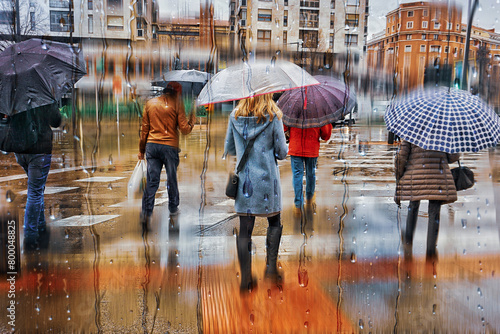 People with an umbrella in rainy days in Bilbao, basque country, spain