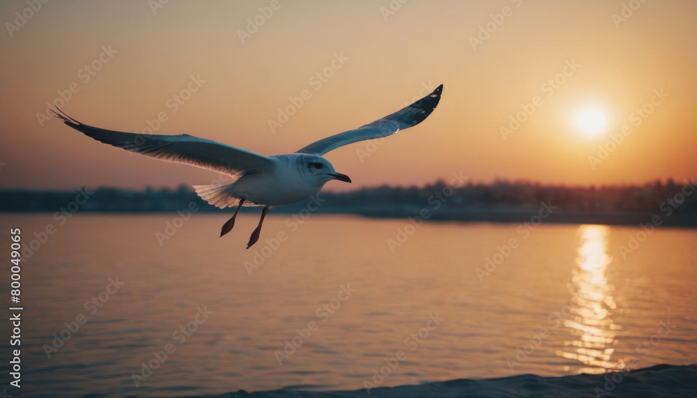 Naklejka premium Flying seagull at sunset. Close up photo.