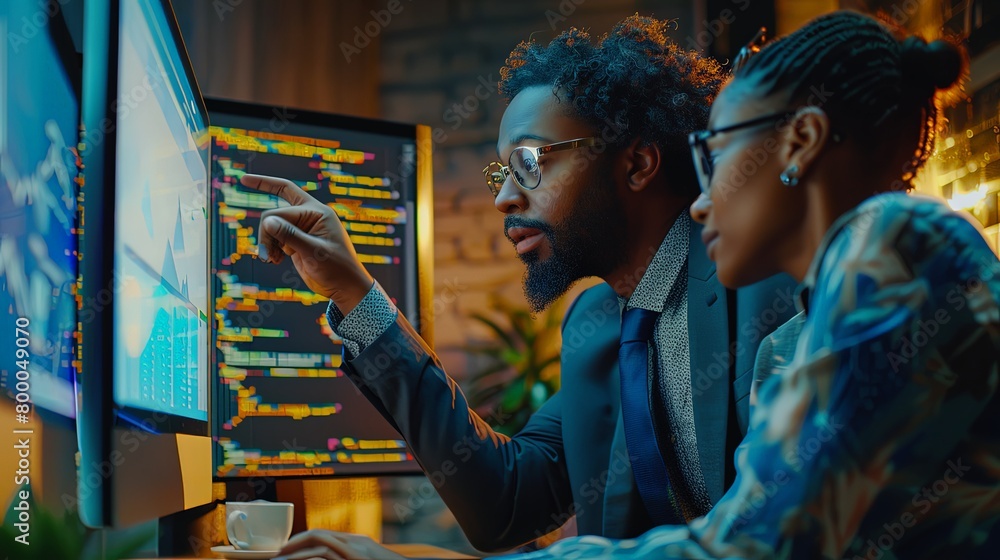 Man and woman african american software developers collaborating at workplace conding at computer inside office pointing at monitor Man and woman african american software developers collaborating at workplace conding at computer inside office pointing at monitor