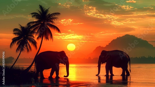 Two elephants standing in a river at sunset with palm trees on the shore