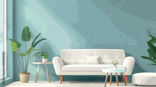 Cozy white sofa table and ottoman near blue wall vector © Nobel