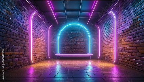 Modern futuristic neon lights on old grunge brick wall room background art, background wallpaper stone, wallpapers, photos, background, landscape, Ai Generate 