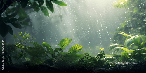 monsoon rain in the forest and rain fell on the leaves and making little drops and looking so natural with sunlight and fantasy background