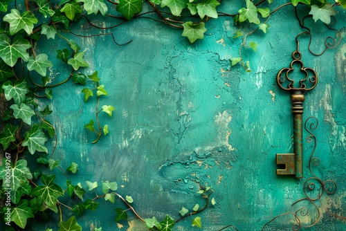 Key entwined in ivy, symbolizing growth and success, dawn background