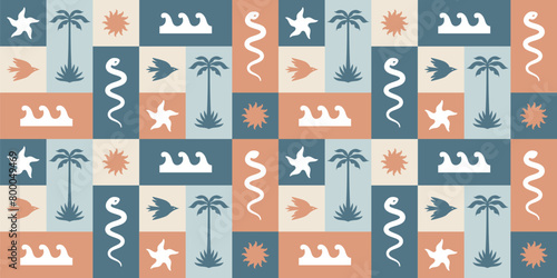 Summer tropical pattern in boho hippie surf style. Palm trees, starfish, waves, sun, bird, snake. Vector seamless background for printing on fabric.