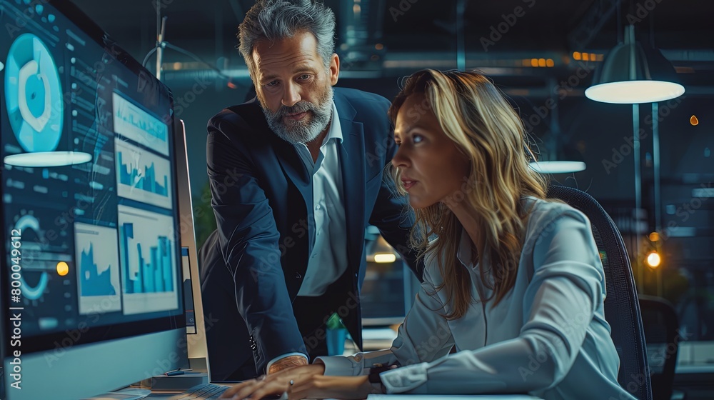 Man and woman coworkers in office dressed in suit sitting at desk with computer looking at data chart graph on monitor analyzing Man and woman coworkers in office dressed in suit sitting at desk with computer looking at data chart graph on monitor analyzing