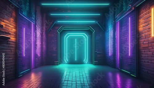 Modern futuristic neon lights on old grunge brick wall room background art, background wallpaper stone, wallpapers, photos, background, landscape, Ai Generate 
