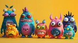 Vibrant and colorful monsters against bright plain background