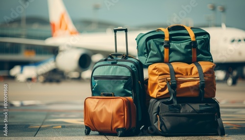 Airport travel concept  suitcases with airplane against blue sky, symbolizing wanderlust photo