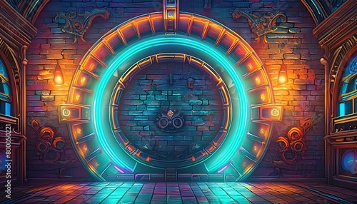 Modern futuristic neon lights on old grunge brick wall room background art, background wallpaper stone, wallpapers, photos, background, landscape, Ai Generate 