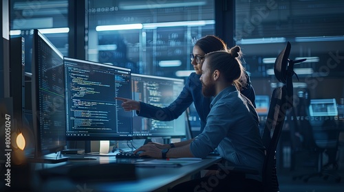 Two software engineers computer programmers working in web design software looking at monitor with code
