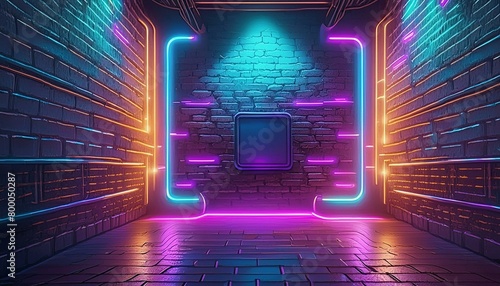 Modern futuristic neon lights on old grunge brick wall room background art, background wallpaper stone, wallpapers, photos, background, landscape, Ai Generate 