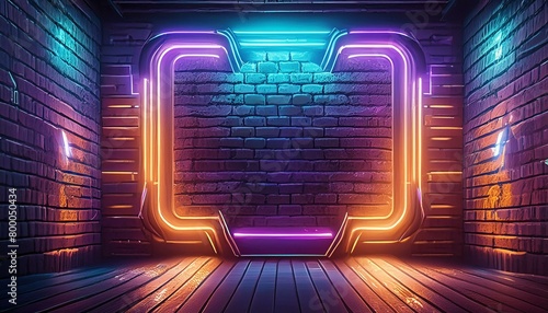Modern futuristic neon lights on old grunge brick wall room background art, background wallpaper stone, wallpapers, photos, background, landscape, Ai Generate 