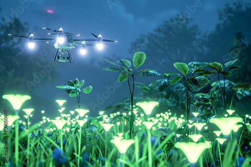 Futuristic Drone Tending to Bioluminescent Garden in Nightscape