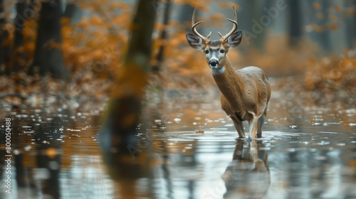 Ethereal image of a spotted deer reflected clearly in tranquil waters