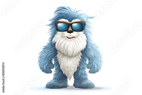 Cartoon smiling yeti or bigfoot hairy character wearing sunglasses on isolated white background. Funny monster toy © hdesert