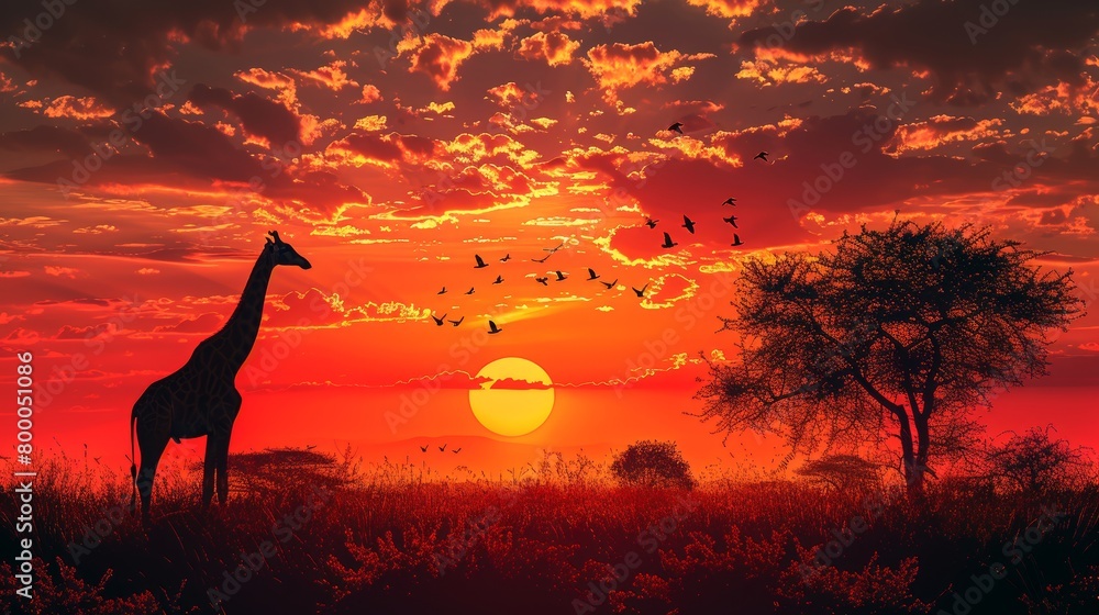Stunning savanna sunset with silhouetted giraffe and acacia trees under fiery skies