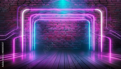 Modern futuristic neon lights on old grunge brick wall room background art, background wallpaper stone, wallpapers, photos, background, landscape, Ai Generate 