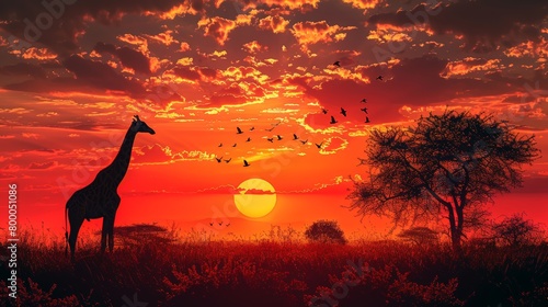 Stunning savanna sunset with silhouetted giraffe and acacia trees under fiery skies © Yusif