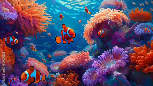 beautiful sea ocean with coral, anemones, turtles, clown fish, nemo. Deep blue sea with big whale © rafliand